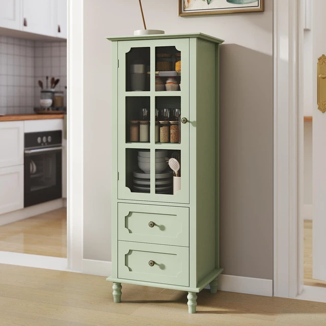 Main image of Minimalism Buffet Cabinet with Glass Doors and Double Drawer, Modern Wooden Storage Sideboard Cupboard for Living room, Dining Room Hallway Entryway (Mint Green)