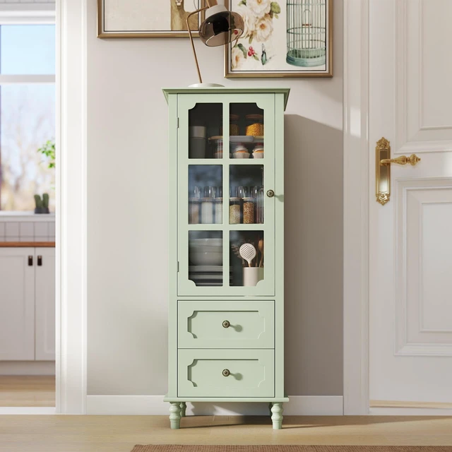 Alt view image 3 of 7 - Minimalism Buffet Cabinet with Glass Doors and Double Drawer, Modern Wooden Storage Sideboard Cupboard for Living room, Dining Room Hallway Entryway (Mint Green)