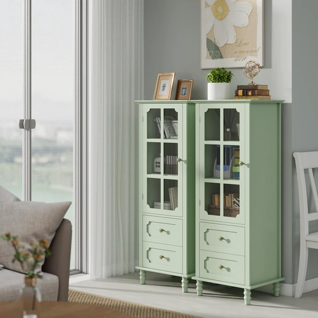 Alt view image 2 of 7 - Minimalism Buffet Cabinet with Glass Doors and Double Drawer, Modern Wooden Storage Sideboard Cupboard for Living room, Dining Room Hallway Entryway (Mint Green)