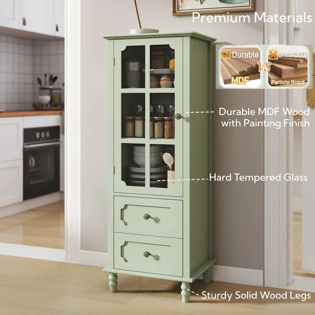Alt view image 6 of 7 - Minimalism Buffet Cabinet with Glass Doors and Double Drawer, Modern Wooden Storage Sideboard Cupboard for Living room, Dining Room Hallway Entryway (Mint Green)