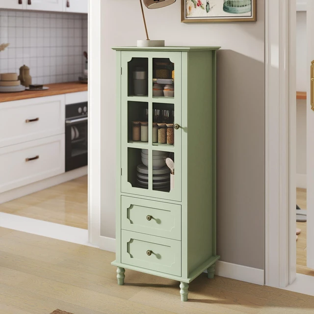 Alt view image 4 of 7 - Minimalism Buffet Cabinet with Glass Doors and Double Drawer, Modern Wooden Storage Sideboard Cupboard for Living room, Dining Room Hallway Entryway (Mint Green)
