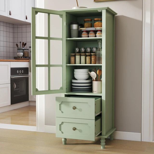 Alt view image 5 of 7 - Minimalism Buffet Cabinet with Glass Doors and Double Drawer, Modern Wooden Storage Sideboard Cupboard for Living room, Dining Room Hallway Entryway (Mint Green)