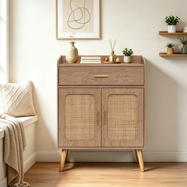 Main image of Kitchen Storage Cabinet, Farmhouse Buffet Cabinet , Storage with 1 Drawers and 2 Doors, Cabinet with Solid Wood Feet,Floor Sideboard Buffet for Living Room, Dining Room, Bathroom,(Natural Color)