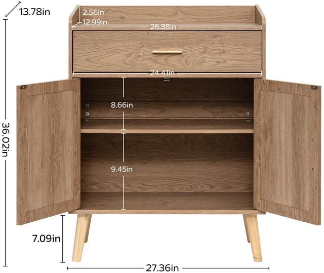 Alt view image 2 of 7 - Kitchen Storage Cabinet, Farmhouse Buffet Cabinet , Storage with 1 Drawers and 2 Doors, Cabinet with Solid Wood Feet,Floor Sideboard Buffet for Living Room, Dining Room, Bathroom,(Natural Color)