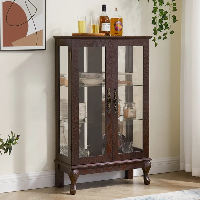 Alt view image 5 of 7 - 2 Doors Curio Cabinet with Tempered Glass Doors, Curio Cabinets with Mirrored Back Panel and Adjustable Shelves, Lighted Display Cabinet for Home, Office Light Bulb Included Cherry