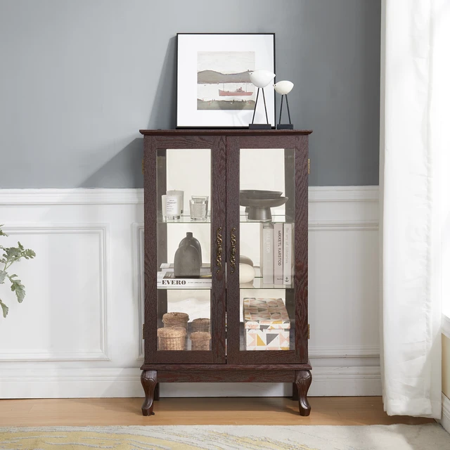Alt view image 4 of 7 - 2 Doors Curio Cabinet with Tempered Glass Doors, Curio Cabinets with Mirrored Back Panel and Adjustable Shelves, Lighted Display Cabinet for Home, Office Light Bulb Included Cherry
