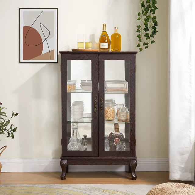 Alt view image 2 of 7 - 2 Doors Curio Cabinet with Tempered Glass Doors, Curio Cabinets with Mirrored Back Panel and Adjustable Shelves, Lighted Display Cabinet for Home, Office Light Bulb Included Cherry