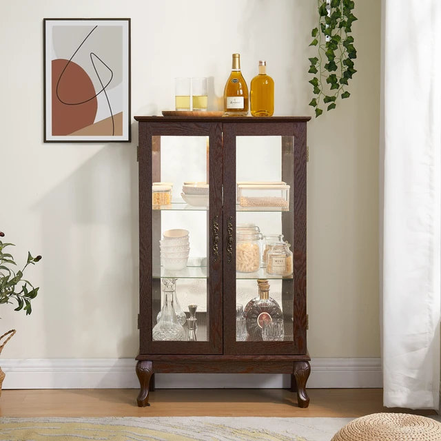 Main image of 2 Doors Curio Cabinet with Tempered Glass Doors, Curio Cabinets with Mirrored Back Panel and Adjustable Shelves, Lighted Display Cabinet for Home, Office Light Bulb Included Cherry