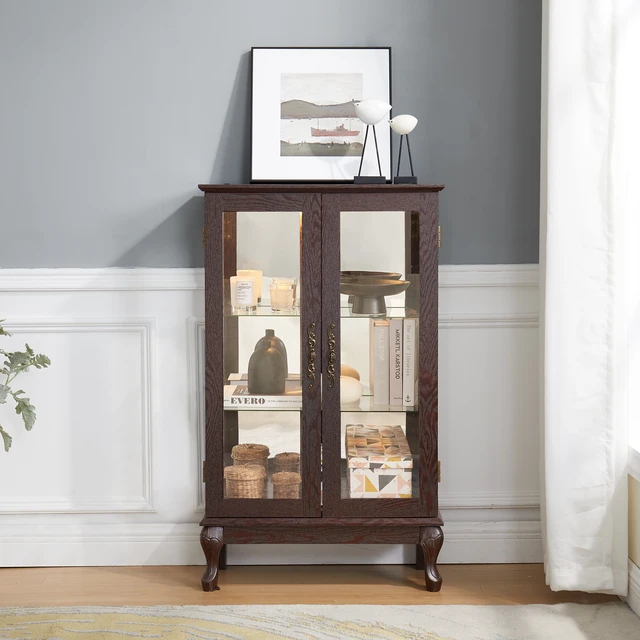 Alt view image 3 of 7 - 2 Doors Curio Cabinet with Tempered Glass Doors, Curio Cabinets with Mirrored Back Panel and Adjustable Shelves, Lighted Display Cabinet for Home, Office Light Bulb Included Cherry