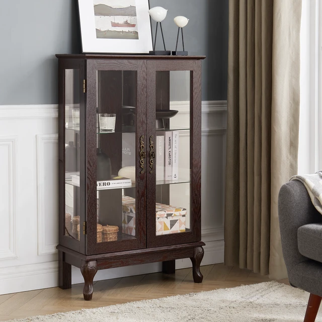 Alt view image 6 of 7 - 2 Doors Curio Cabinet with Tempered Glass Doors, Curio Cabinets with Mirrored Back Panel and Adjustable Shelves, Lighted Display Cabinet for Home, Office Light Bulb Included Cherry