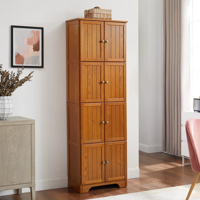 Alt view image 2 of 7 - 72.4" Tall Storage Cabinet Tall Storage Cabinet with 8 Doors and 4 Shelves ,Bookshelf Living Room, Kitchen, Dining Room, Office Freestanding Storage Cabinet,OAK
