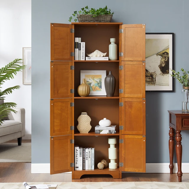 Alt view image 5 of 7 - 72.4" Tall Storage Cabinet Tall Storage Cabinet with 8 Doors and 4 Shelves ,Bookshelf Living Room, Kitchen, Dining Room, Office Freestanding Storage Cabinet,OAK