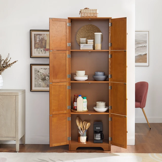 Alt view image 6 of 7 - 72.4" Tall Storage Cabinet Tall Storage Cabinet with 8 Doors and 4 Shelves ,Bookshelf Living Room, Kitchen, Dining Room, Office Freestanding Storage Cabinet,OAK