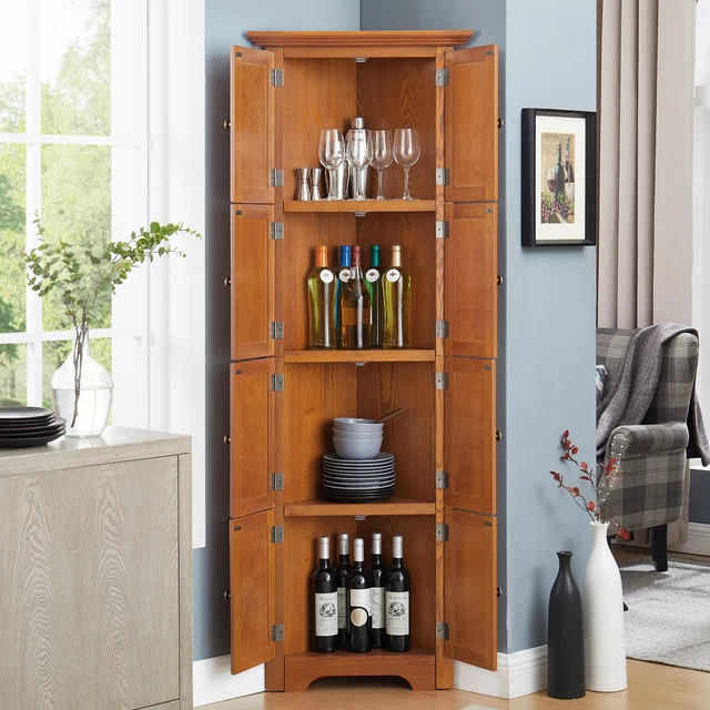 Alt view image 3 of 6 - 4-Tier 72" Corner Kitchen Pantry Storage Cabinet with 8 Doors Tall Storage Cabinet, Corner Cabinet and Shelves, Home farmhouse bookshelf Cabinet for Bathroom, Living room, Kitchen OAK