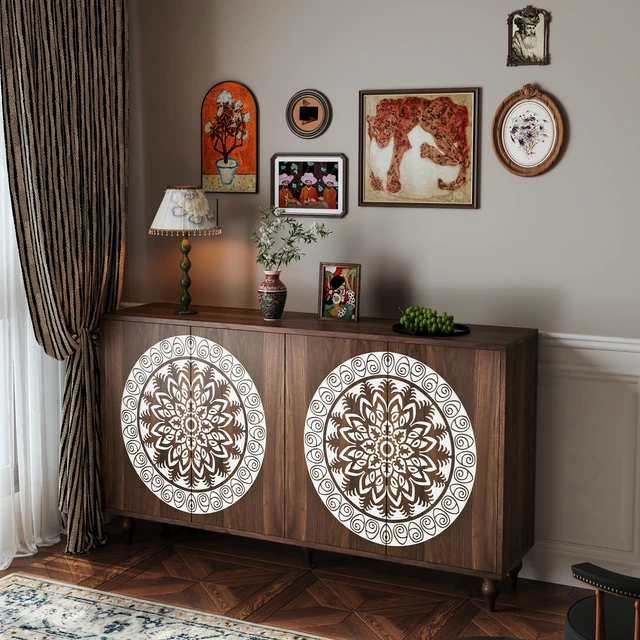 Alt view image 5 of 7 - 60" Vintage Mandala Carved Walnut Grain Sideboard, 4 Door Boho Buffet Cabinet, Mid-Century Elevated Legs Storage Credenza for Entryway, Dining Room, Living Room