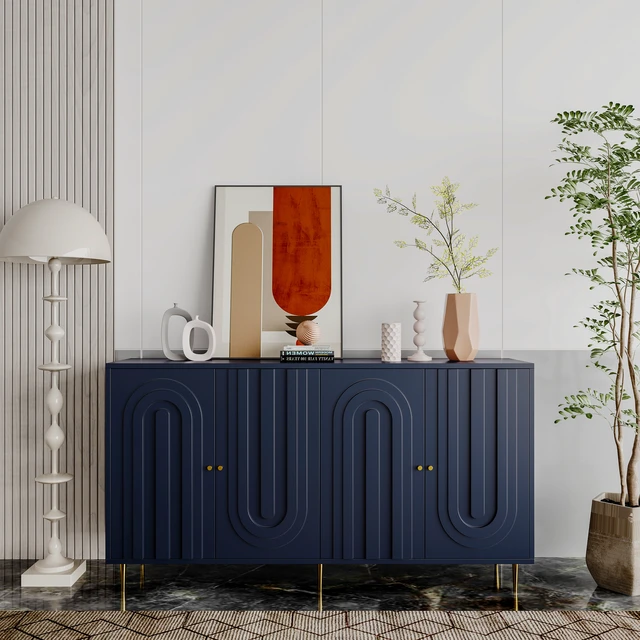 Alt view image 3 of 7 - Modern Blue Lacquered 4 Door Wooden Cabinet Sideboard Buffet Server Cabinet Storage Cabinet, for Living Room, Entryway, Hallway, Office, Kitchen and Dining Room