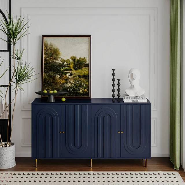 Alt view image 4 of 7 - Modern Blue Lacquered 4 Door Wooden Cabinet Sideboard Buffet Server Cabinet Storage Cabinet, for Living Room, Entryway, Hallway, Office, Kitchen and Dining Room