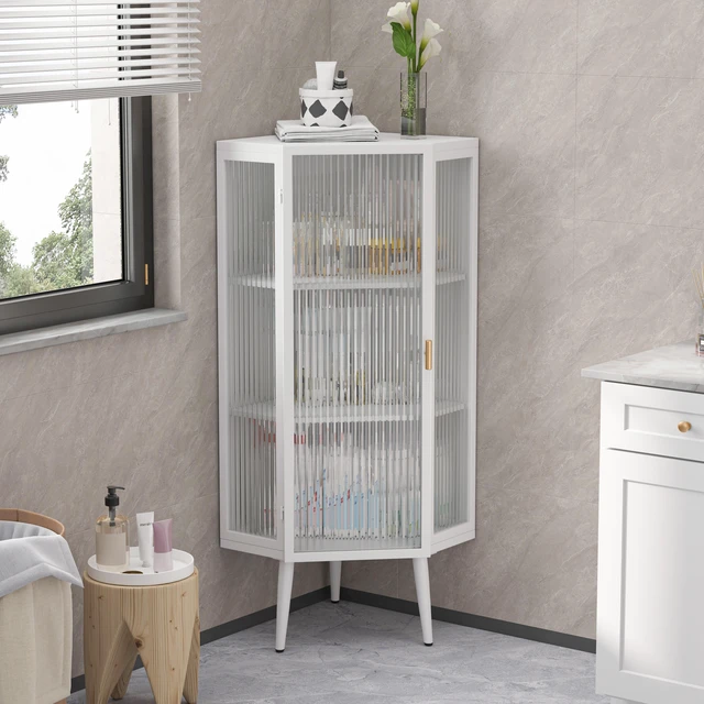 Main image of 22.25'' Floor Coner Cabinet,Three Tiers with Tempered Glass Doors and Storage Shelves for Bathroom, Living Room and Bedroom (White)(same sku:W757P180793)