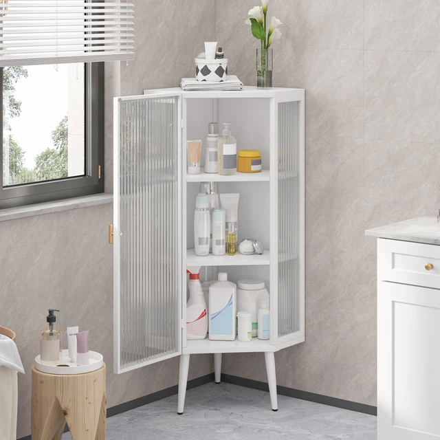 Alt view image 3 of 7 - 22.25'' Floor Coner Cabinet,Three Tiers with Tempered Glass Doors and Storage Shelves for Bathroom, Living Room and Bedroom (White)(same sku:W757P180793)