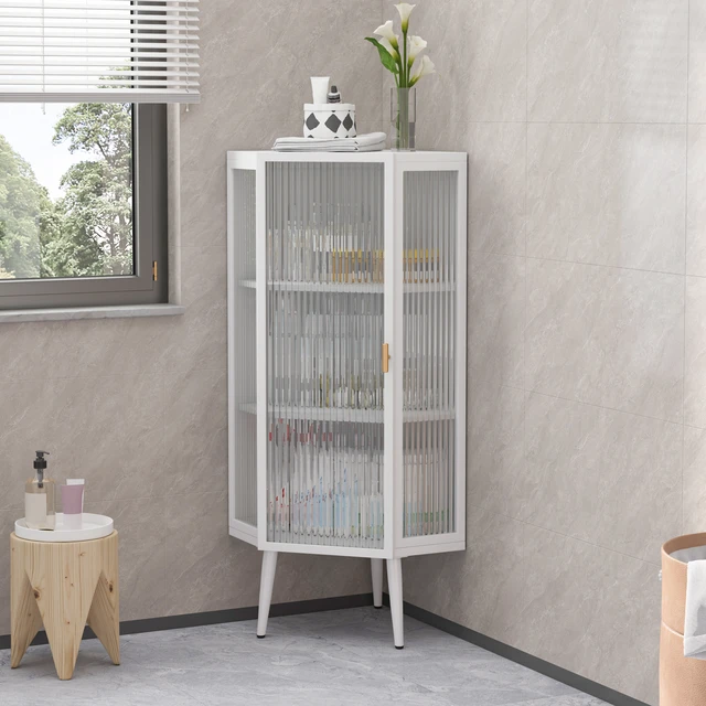 Alt view image 2 of 7 - 22.25'' Floor Coner Cabinet,Three Tiers with Tempered Glass Doors and Storage Shelves for Bathroom, Living Room and Bedroom (White)(same sku:W757P180793)