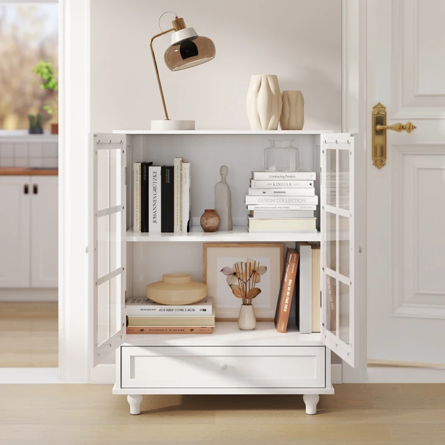 Alt view image 3 of 7 - Minimalist White Buffet Cabinet with Double Glass Doors and Drawer, Modern Wooden Storage Sideboard Cupboard for Living room, Dining Room Hallway Entryway
