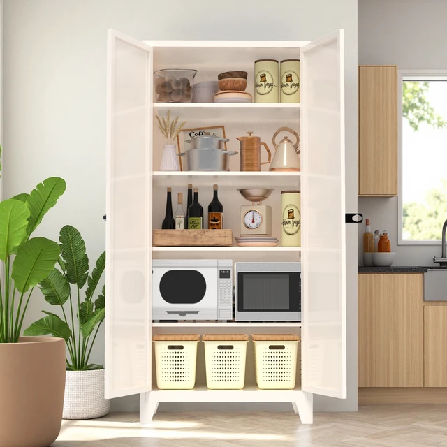 Alt view image 7 of 7 - 71'' 2 Shapely Door Cabinet With Lock, Metal Storage Cabinet with Doors and Adjustable Shelves, for Kitchen, Bedroom, Living Room(Beige)
