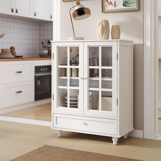 Main image of Minimalist White Buffet Cabinet with Double Glass Doors and Drawer, Modern Wooden Storage Sideboard Cupboard for Living room, Dining Room Hallway Entryway