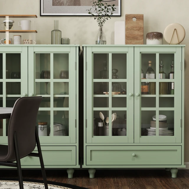 Alt view image 7 of 7 - Minimalism Buffet Cabinet with Double Glass Doors and Drawer, Modern Wooden Storage Sideboard Cupboard for Living room, Dining Room Hallway Entryway (Mint Green)