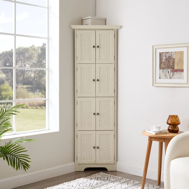 Main image of 4-Tier 72" Corner Kitchen Pantry Storage Cabinet with 8 Doors Tall Storage Cabinet, Corner Cabinet and Shelves, Home farmhouse bookshelf Cabinet for Bathroom, Living room, Kitchen WHI