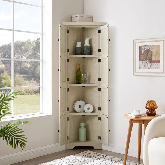 Alt view image 3 of 3 - 4-Tier 72" Corner Kitchen Pantry Storage Cabinet with 8 Doors Tall Storage Cabinet, Corner Cabinet and Shelves, Home farmhouse bookshelf Cabinet for Bathroom, Living room, Kitchen WHI