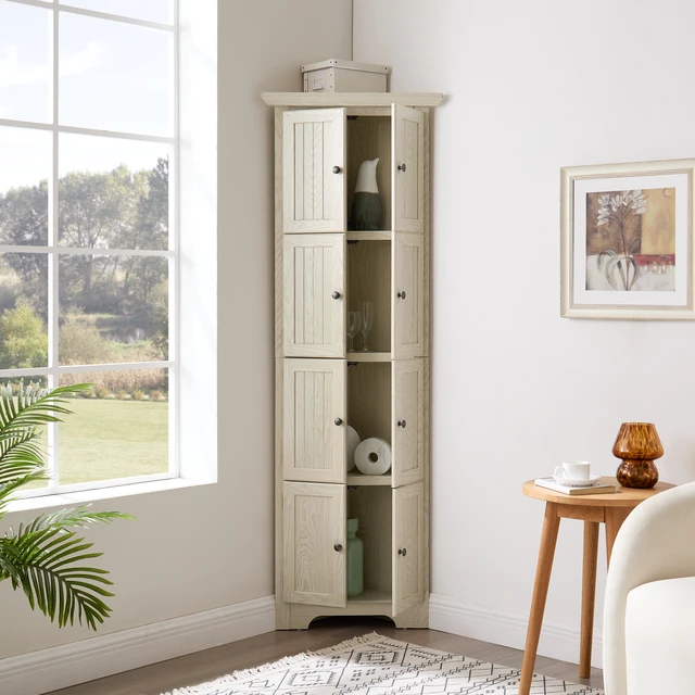 Alt view image 2 of 3 - 4-Tier 72" Corner Kitchen Pantry Storage Cabinet with 8 Doors Tall Storage Cabinet, Corner Cabinet and Shelves, Home farmhouse bookshelf Cabinet for Bathroom, Living room, Kitchen WHI