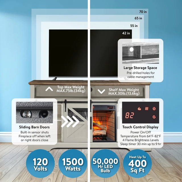 Alt view image 6 of 7 - 60 Inch Electric Fireplace Entertainment Center With Door Sensor-Jasmine white color
