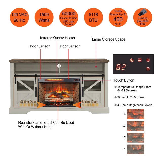 Alt view image 3 of 7 - 60 Inch Electric Fireplace Entertainment Center With Door Sensor-Jasmine white color