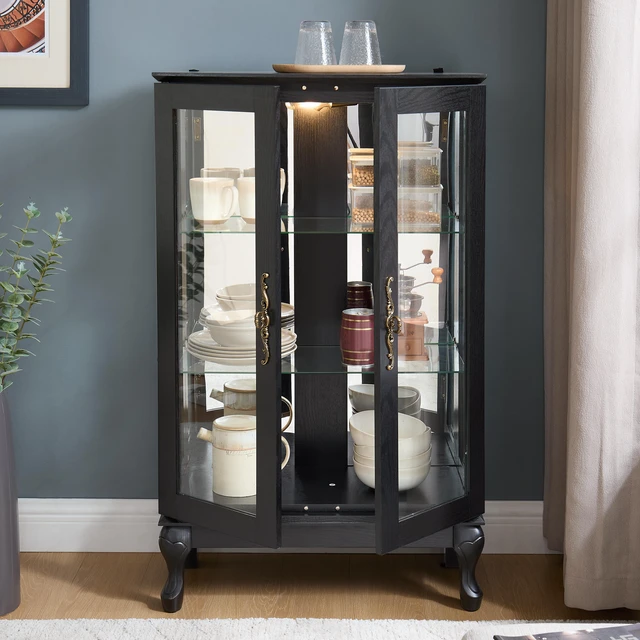 Main image of Curio Cabinet with Tempered Glass Doors, Lighted Display Cabinet with Mirrored Back Panel & Adjustable Shelves Perfect for Home or Office (Light Bulb Included)- Black