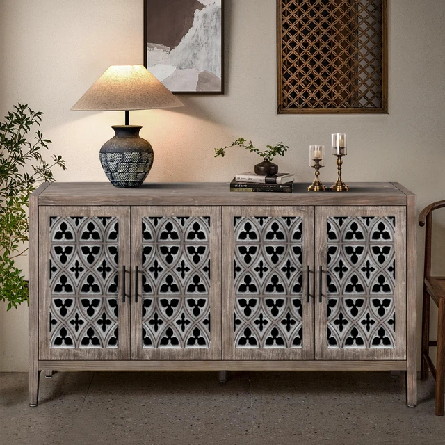 Main image of Hollow Four Door Antique Cabinet, American Country Style, Suitable for Living Room, TV Cabinet, Kitchen (Brown)