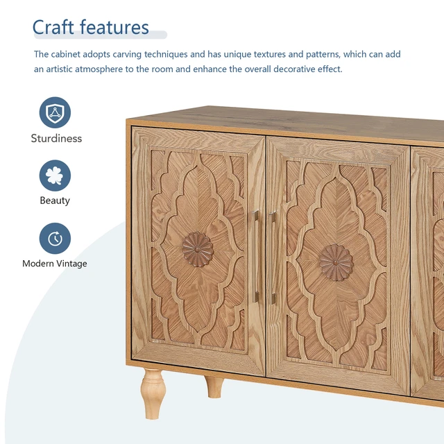 Alt view image 6 of 7 - Carved Flower Door Large Storage Cabinet With Metal Handle Suitable For Living Room, Kitchen, Entryway(NATURAL WOOD)