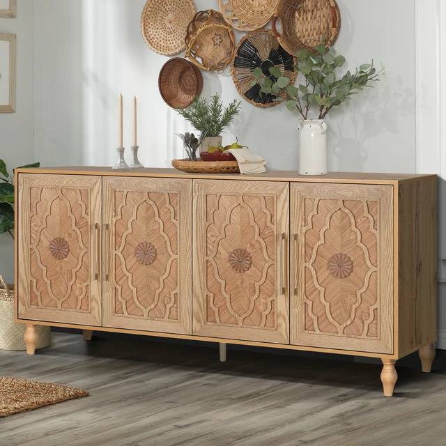 Alt view image 3 of 7 - Carved Flower Door Large Storage Cabinet With Metal Handle Suitable For Living Room, Kitchen, Entryway(NATURAL WOOD)