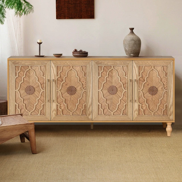 Alt view image 2 of 7 - Carved Flower Door Large Storage Cabinet With Metal Handle Suitable For Living Room, Kitchen, Entryway(NATURAL WOOD)