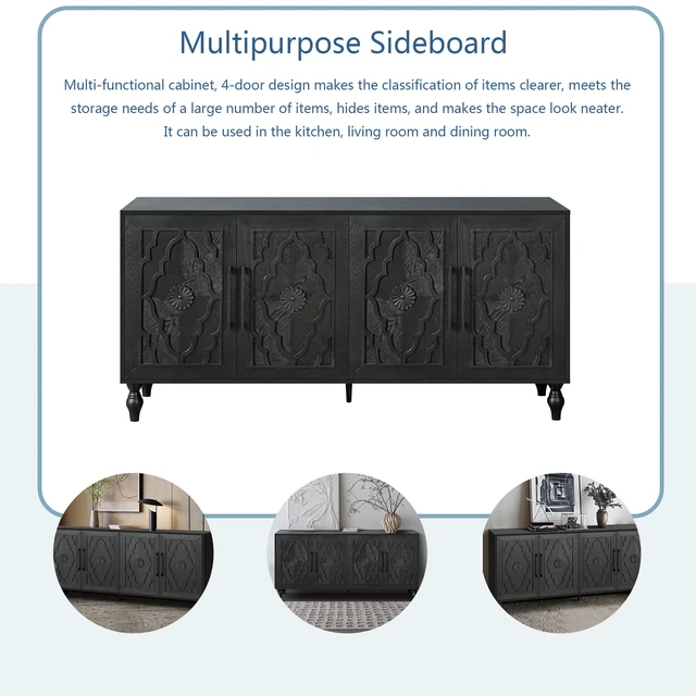 Alt view image 5 of 7 - Carved Flower Door Large Storage Cabinet With Metal Handle Suitable For Living Room, Kitchen, Entryway(BLACK)