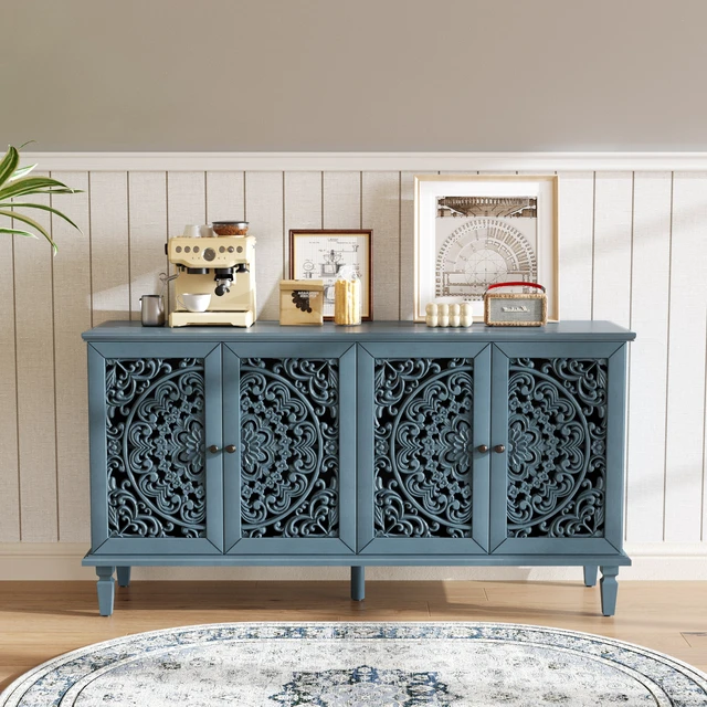 Alt view image 2 of 7 - 60" Antique Buffet Cabinet with Floral Carvings with Solid Wood Legs&Antique Brass Handles&Adjustable Shelves, TV Stand for 65''+ TV, Sideboard for Living Room,Dining Room (Antique Blue)