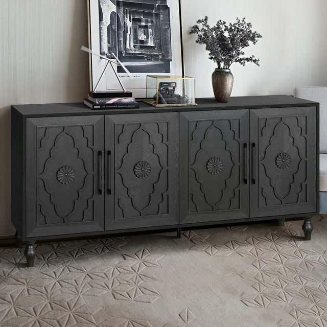 Alt view image 2 of 7 - Carved Flower Door Large Storage Cabinet With Metal Handle Suitable For Living Room, Kitchen, Entryway(BLACK)