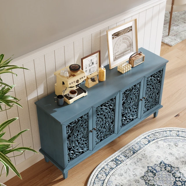 Alt view image 3 of 7 - 60" Antique Buffet Cabinet with Floral Carvings with Solid Wood Legs&Antique Brass Handles&Adjustable Shelves, TV Stand for 65''+ TV, Sideboard for Living Room,Dining Room (Antique Blue)