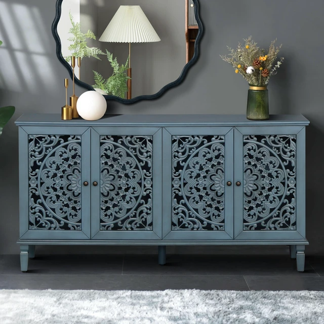 Main image of 60" Antique Buffet Cabinet with Floral Carvings with Solid Wood Legs&Antique Brass Handles&Adjustable Shelves, TV Stand for 65''+ TV, Sideboard for Living Room,Dining Room (Antique Blue)
