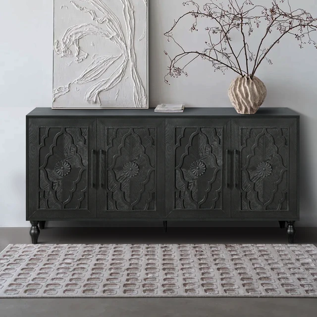 Alt view image 3 of 7 - Carved Flower Door Large Storage Cabinet With Metal Handle Suitable For Living Room, Kitchen, Entryway(BLACK)