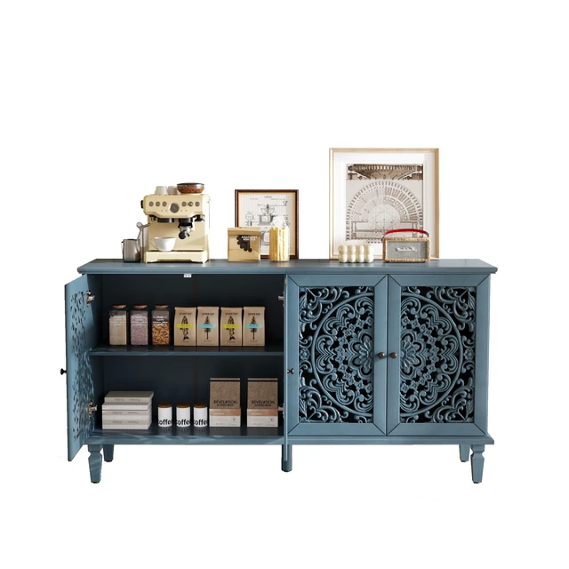 Alt view image 6 of 7 - 60" Antique Buffet Cabinet with Floral Carvings with Solid Wood Legs&Antique Brass Handles&Adjustable Shelves, TV Stand for 65''+ TV, Sideboard for Living Room,Dining Room (Antique Blue)