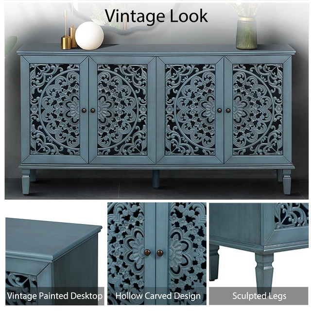 Alt view image 7 of 7 - 60" Antique Buffet Cabinet with Floral Carvings with Solid Wood Legs&Antique Brass Handles&Adjustable Shelves, TV Stand for 65''+ TV, Sideboard for Living Room,Dining Room (Antique Blue)