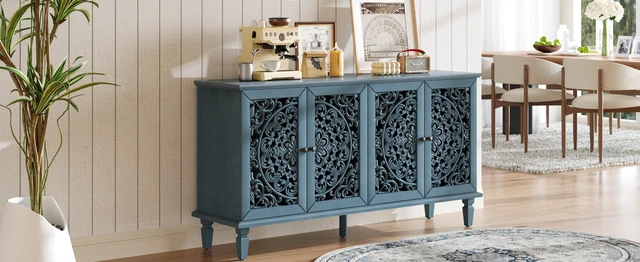 Alt view image 5 of 7 - 60" Antique Buffet Cabinet with Floral Carvings with Solid Wood Legs&Antique Brass Handles&Adjustable Shelves, TV Stand for 65''+ TV, Sideboard for Living Room,Dining Room (Antique Blue)
