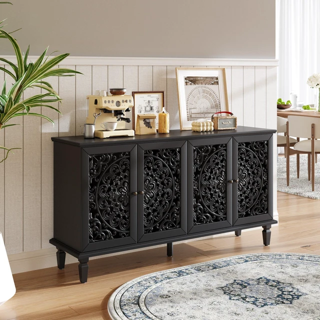 Main image of 60" Antique Buffet Cabinet with Floral Carvings with Solid Wood Legs&Antique Brass Handles&Adjustable Shelves, TV Stand for 65''+ TV, Sideboard for Living Room,Dining Room (Black)