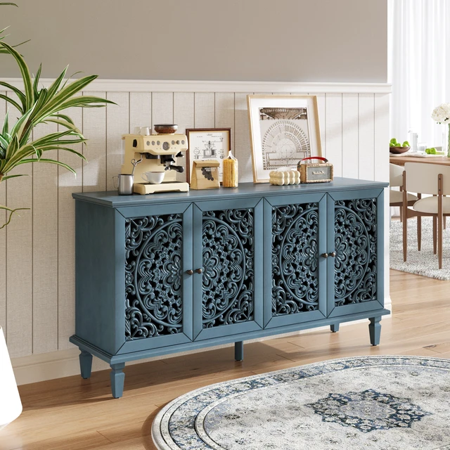Alt view image 4 of 7 - 60" Antique Buffet Cabinet with Floral Carvings with Solid Wood Legs&Antique Brass Handles&Adjustable Shelves, TV Stand for 65''+ TV, Sideboard for Living Room,Dining Room (Antique Blue)