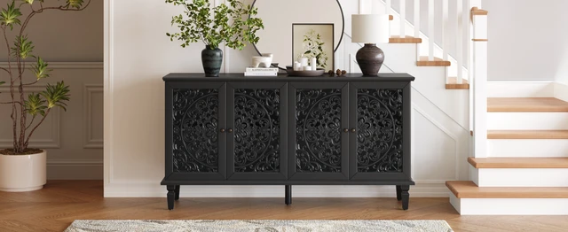Alt view image 5 of 7 - 60" Antique Buffet Cabinet with Floral Carvings with Solid Wood Legs&Antique Brass Handles&Adjustable Shelves, TV Stand for 65''+ TV, Sideboard for Living Room,Dining Room (Black)